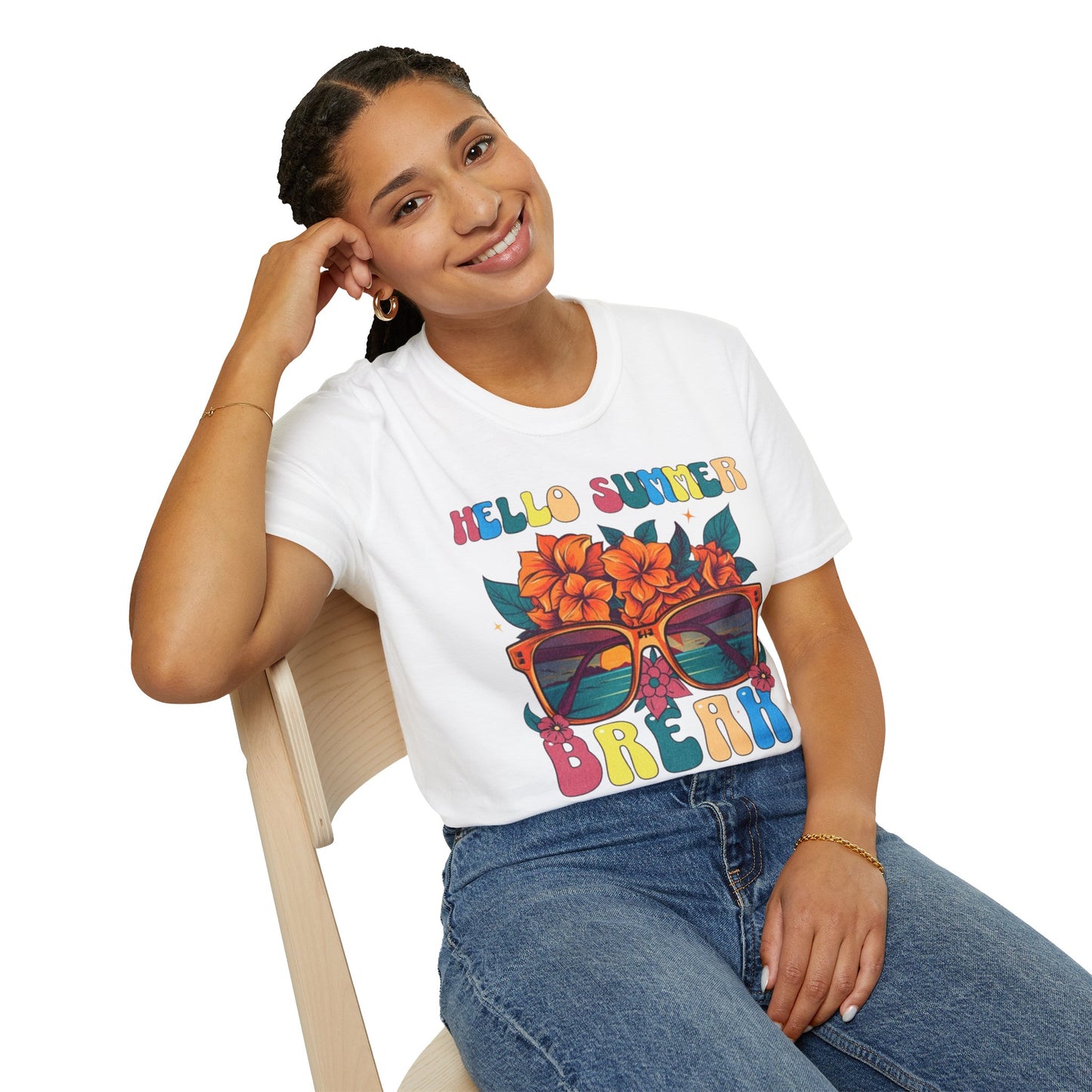 Hello Summer Break Tropical T-Shirt | Unisex Softstyle Tee for Summer Vibes