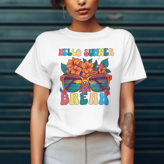 Hello Summer Break Tropical T-Shirt | Unisex Softstyle Tee for Summer Vibes